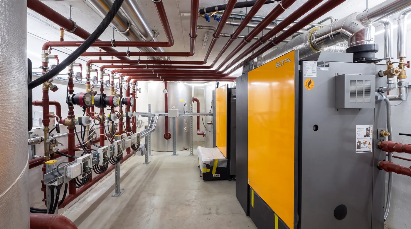 Chaufferie à granulés de bois achevée : deux chaudières, collecteurs de distribution, pompes de circulation et accumulateur