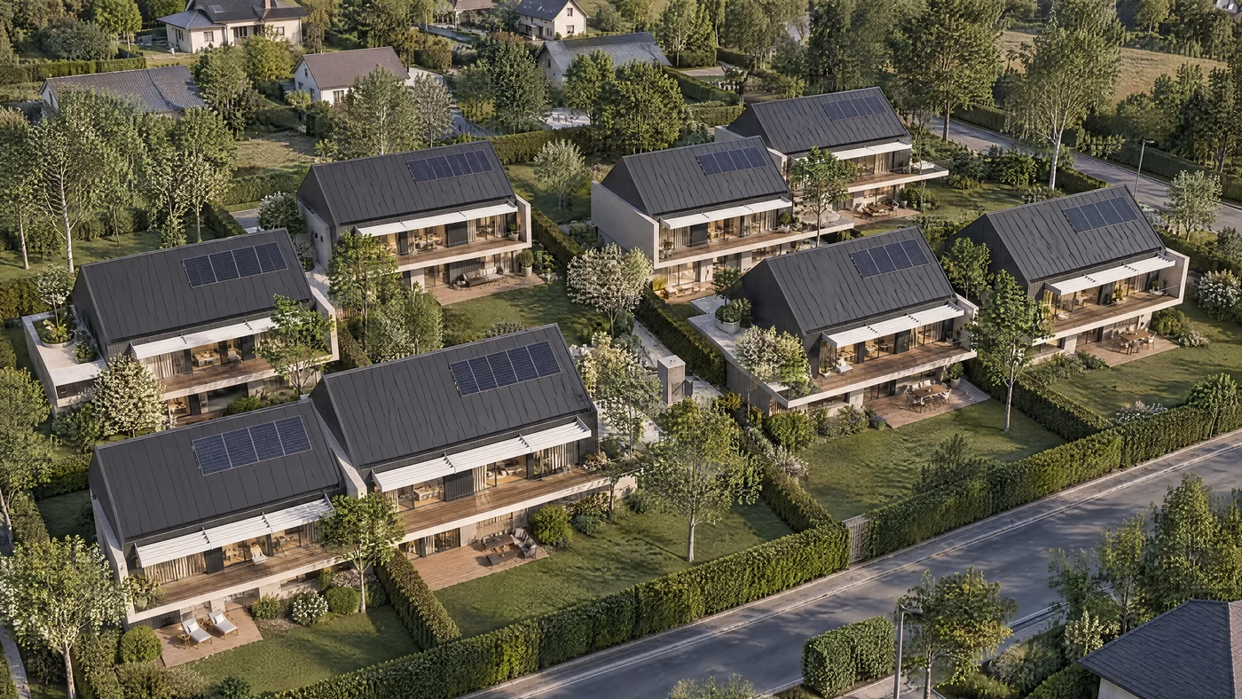 Les huit villas vues du dessus, toitures photovoltaïques et jardins privatifs